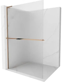 Mexen Kioto+ L, sprchová zástena Walk-In s poličkou a vešiakom 90 x 200 cm, 8mm sklo s rebrovým vzorom, ružové zlato profil, 800-090-123-60-09