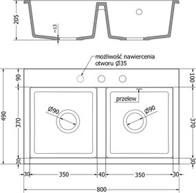 Mexen Hektor žulový drez 2-komorový 800 x 480 mm, sivý, sifón chróm - 6521802000-71