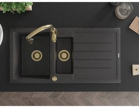 Mexen Andres, 1,5-komorový granitový drez 1000x500x200 mm a drezová batéria Savita, čierna škvrtnitá, 6515-76-672601-50