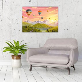 Sklenený obraz balónov nad krajinou (70x50 cm)