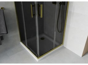 Mexen Rio, štvorcový sprchovací kút s posuvnými dverami 90(dvere) x 90(dvere) x 190 cm, 6mm šedé sklo, zlatý profil + biela sprchová vanička SLIM, 860-090-090-50-40-4010G