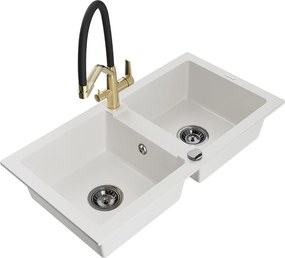 Mexen Mario, granitový drez 820x436x161 mm, 2-komorový a drezová batéria Duo, biela, 6504-20-671701-57-B