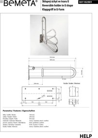 Bemeta Design HELP: Madlo, 900 mm, v tvare U, sklopné, bez krytky, nerez, lesk - 301102901
