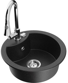 Mexen Diego, 1-komorový granitový drez 488x488x167 mm a drezová batéria Elia, čierna-strieborná metalíza, 6512-73-670101-00