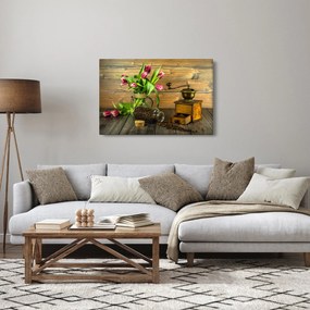 Obraz - tulipány, mlynček a káva (90x60 cm)