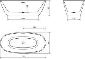 Mexen Eris, voľne stojaca vaňa 170 x 80 cm, biela, brúsený grafit prepad, 53441708000-95