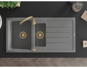 Mexen Andres, granitový drez 1000x500x200 mm, 1,5-komorový, šedá so zlatým sifónom, 6515101510-71-G