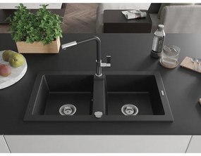 Mexen Mario, 2-komorový granitový drez 820x436x161 mm a drezová batéria Flora, čierna, 6504-77-670401-07