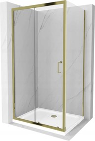 Mexen Apia sprchovací kút s posuvnými dverami 140 (dvere) x 90 (stena) cm, 5mm číre sklo, zlatý profil + biela sprchová vanička SLIM, 840-140-090-50-00-4010G
