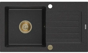 Mexen Pablo, granitový drez 752x436x161 mm, 1-komorový, čierna-strieborná metalíza so zlatým sifónom, 6510751010-73-G