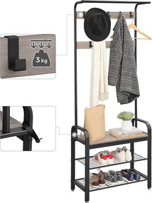 Vešiakový stojan s lavicou na topánky, s odnímateľnými háčikmi, farba greige