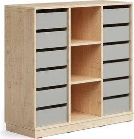 Úložná skrinka CASPER, 12 zásuviek, 3 priehradky, so soklom, breza/šedá
