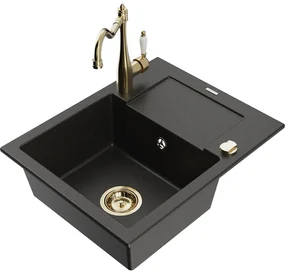 Mexen Enzo, granitový drez 576x465x174 mm, 1-komorový a drezová batéria Carla, čierna-zlatá metalíza, 6506-75-670700-50