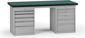 Pracovný stôl do dielne G8, 1800 x 750 x 800 mm, 2x kontejner, 10 zásuviek, sivá