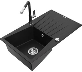 Mexen Cesar, 1-komorový granitový drez 775x470x190 mm a drezová batéria Flora, čierna, 6514-77-670401-07