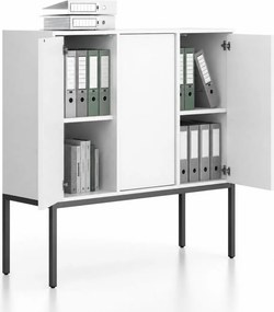Kancelárska skriňa FRAME, nízka, čierna podnož, 3x dvere, 1299 x 450 x 1331 mm, PUSH-lock, biela