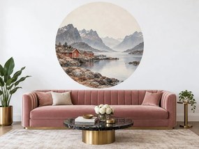 Červené domčeky pri fjorde kruhová akvarelová dekorácia so severskou krajinou na stenu arch 46 x 46 cm