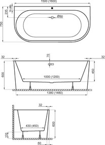 Polimat Akrylátová voľne stojaca vaňa k stene Sola 160x75 POLIMAT-Rozmery: 160x75, POLIMAT-Farba vane: Biela / grafit lesk