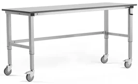 Manuálne nastaviteľný dielenský stôl MOTION s kolieskami, 2000x600 mm