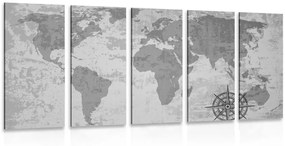 5-dielny obraz stará mapa sveta s kompasom v čiernobielom prevedení - 200x100