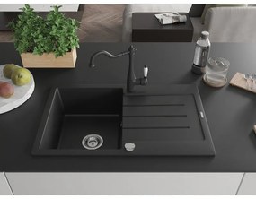Mexen Bruno, granitový drez 795x495x200 mm, 1-komorový a drezová batéria Carla, čierna, 6513-77-670700-70