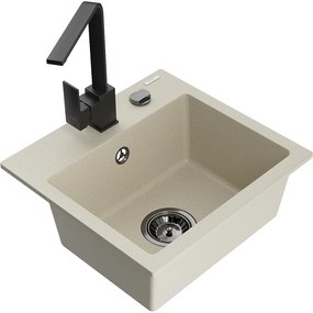 Mexen Milo, 1-komorový granitový drez 435x410x171 mm a čierna batéria Rita, béžová, 6505-69-670300-70