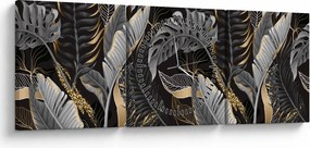 Obraz - Tropické listy v čierno-zlatej (s hodinami) (90x30 cm)