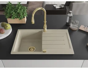 Mexen Bruno, 1-komorový granitový drez 795x495x200 mm a drezová batéria Savita, béžová, 6513-69-672601-50