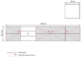 Závesný TV stolík Asha 200 cm s 3 otvorenými policami - čierny mat