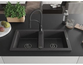 Mexen Mario, granitový drez 820x436x161 mm, 2-komorový a drezová batéria Aster, čierna škvrnitá, 6504-76-73450-70-B