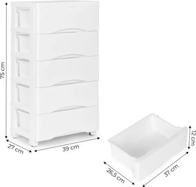 Polica s 5 výsuvnými zásuvkami, nohy s kolieskami, farebné zásuvky