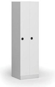 Kovová šatníková skrinka S1 zúžená, 2 oddiely, 1850 x 500 x 500 mm, kódový zámok, laminované dvere, biela