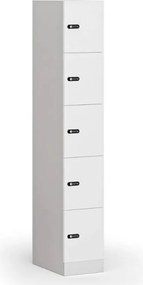 Šatníková skrinka S1 s úložnými boxmi, 5 boxov, 1850 x 300 x 500 mm, mechanický kódový zámok, laminované dvere, biela