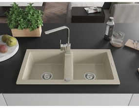 Mexen Mario, granitový drez 820x436x161 mm, 2-komorový, béžová s chrómovým sifónom a chrómová drezová batéria Rita, 6504-69-670300-00