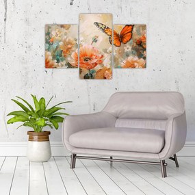 Obraz - Motýľ a kvety, olejomaľba (90x60 cm)
