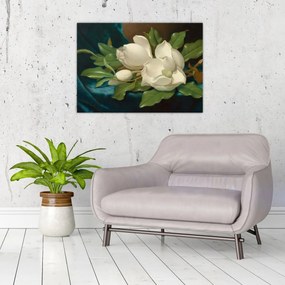 Sklenený obraz - Martin Johnson Heade, Giant Magnolias on a Blue Velvet Cloth, reprodukcia (70x50 cm)