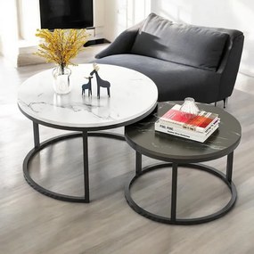 Súprava 2 okrúhlych konferenčných stolíkov – biely a čierny mramor