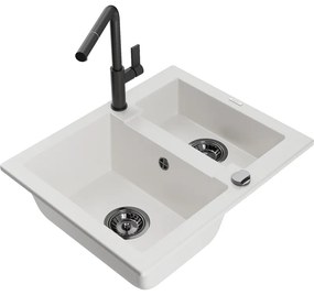 Mexen Carlos, 1,5-komorový granitový drez 582x475x177 mm a drezová batéria Flora, biela, 6518-20-670401-70-B