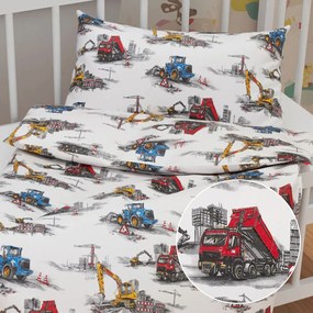 Biante Detské bavlnené posteľné obliečky do postieľky Sandra SA-578 Nákladiaky a bagre na bielom Do postieľky 90x120 a 40x60 cm