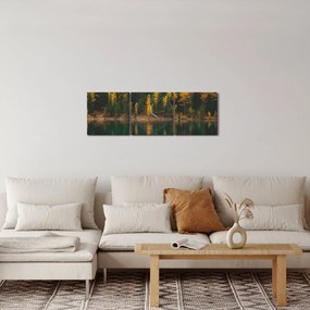 Obraz lesného jazera (s hodinami) (90x30 cm)