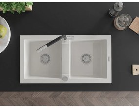 Mexen Mario, 2-komorový granitový drez 820x436x161 mm a drezová batéria Flora, biela, 6504-20-670401-07