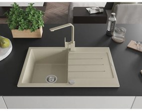 Mexen Bruno, drez granitový 795x495x200 mm, 1-komorový, béžová s chrómovým sifónom a béžovou drezovou batériou Rita, 6513-69-670300-69