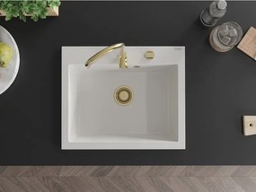 Mexen Elix granitový drez, 1-komorový, 600 x 500 mm, biely, zlatý sifón - 6525601005-20-G