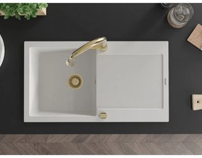 Mexen Leo, 1-komorový granitový drez 900x500x190 mm a drezová batéria Elia, biela, 6501-20-670101-50