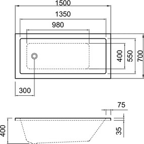 Erga Pureline-S, vaňa 1500x700x400 mm bez nožičiek, biela lesklá, ERG-V07-PURELINE-S-150x070-WH