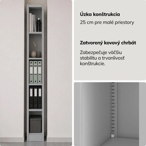 Úzky kovový archivačný regál na dokumenty sivý, 250x1950x400 mm: TIM