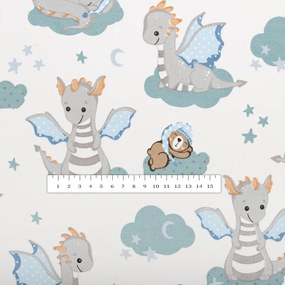 Biante Detská bavlnená obliečka na vankúš s lemom Sandra SA-689 Dráčikovia s medvedíkmi na modrozelených obláčikoch na bielom 40 x 60 cm