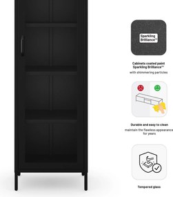 Čierna sklenená vitrína do obývačky z kovu na nožičkách LUIGI Modern 500 x 1800 x 350 mm