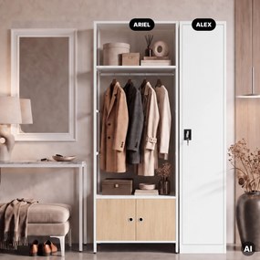 Kancelársky regál otvorený s tyčou na oblečenie, do recepcie a čakárne, kovový, biely/dub sonoma, 800x2200x400 mm: ARIEL Eco Design