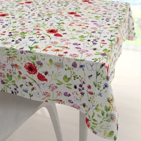 Biante Bavlnený štvorcový obrus Sandra SA-608 Červeno-fialové lúčne kvety s motýlikmi a čmeliakmi na bielom 80x80 cm